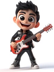 Obraz premium Vibrant 3D Cartoon Style Image of a Young Energetic Boy Dressed as a Musician Performing on Stage with an Electric Guitar Showcasing His Talent and Passion for Music