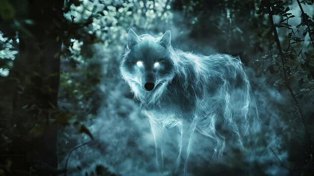 An ethereal spectral figure of a wolf with glowing eyes