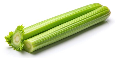 Photo of a single celery stick with shallow depth of field on a white background