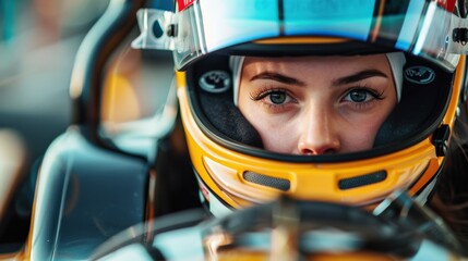 Focused race car driver wearing helmet, determined expression.