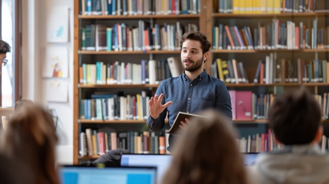 Man speaking to a group in a library, engaged audience, books in background.