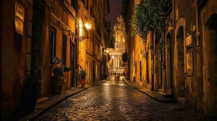 Obraz premium Nighttime view of Rome landmarks with soft lights casting a romantic glow over ancient streets and architecture.