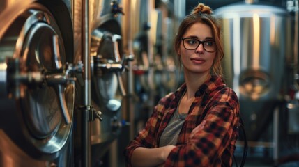 Portrait of a confident woman in a brewery with equipment in the background.