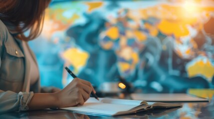 Obraz premium Person writing in notebook with world map in the background, focus on creativity.