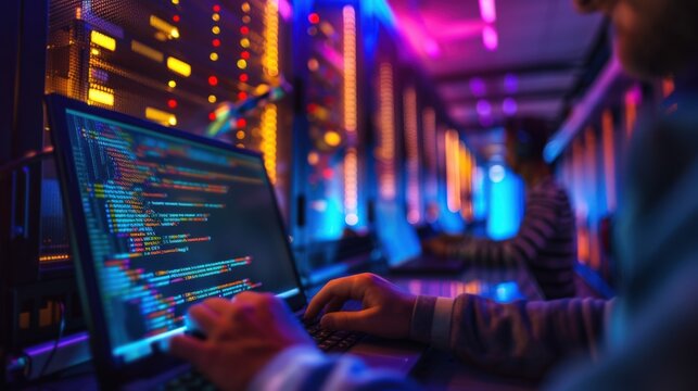 Person coding on a laptop in a data center with colorful server lights. - Powered by Adobe