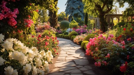 Scenic walkway leading to a beautiful garden with vibrant, colorful flowers in full bloom


