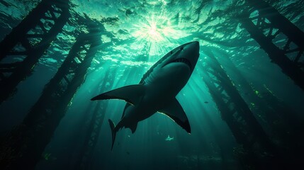 Fototapeta premium A majestic shark glides gracefully through sunlit waters, surrounded by mysterious underwater structures and rich marine life.