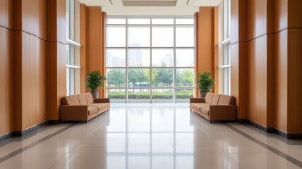 Fototapeta premium Bright and airy spacious lobby featuring elegant floor-to-ceiling glass windows for a modern ambiance.