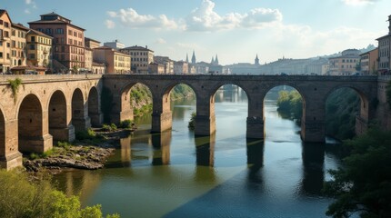 Naklejka premium Cityscape with ancient medieval aqueduct. Historical value. Travel with excursion to the sights. Excursion tourism