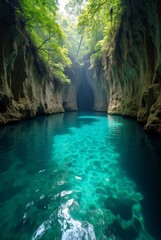 View from the cenote with crystal clear water to the top. The collapse of the karst relief in the cave. Travel and tourism. Natural well