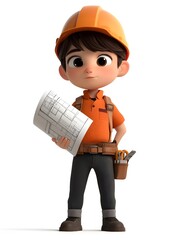 Cartoon style 3D of Young Male Construction Worker Dressed in Hardhat and Uniform Holding Blueprint on Construction Job Site