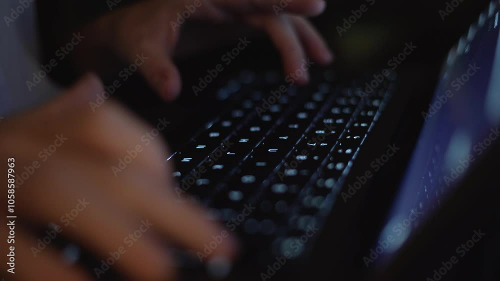 Aufkleber a person focused on typing away at a laptop keyboard set in a dimly lit environment, where the glow 