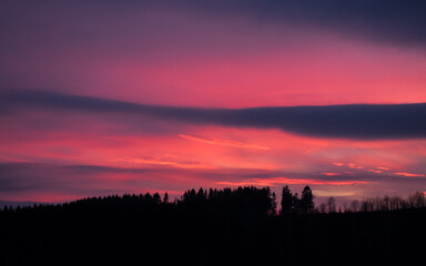 Winter scenery at sunset around the village of Ruprechtice, Czech Republic.