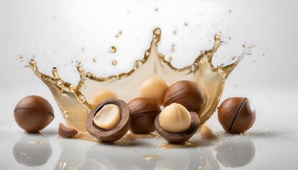 Fresh Macadamia nuts a few slices and a splash of Fresh Macadamia nuts juice form a dynamic image against a white background