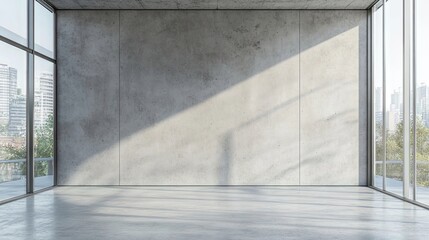 Fototapeta premium Modern art gallery room with an empty grey concrete wall, complemented by a tall glass window, offers a contemporary studio space ideal for creative mockups and design presentations.