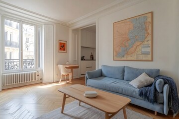 Fototapeta premium A cozy living room with a light blue sofa, a wooden coffee table, and a blanket on it