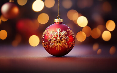 Fototapeta premium A single red Christmas ornament with a gold snowflake design hangs against a backdrop of warm, out-of-focus lights.