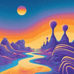 A surreal landscape at twilight with flowing river and alien formations under a glowing sky