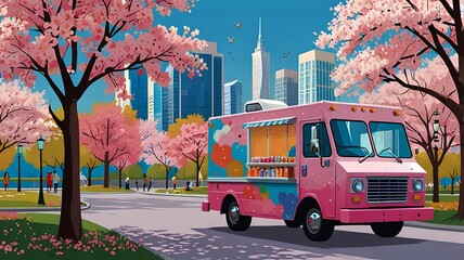 Obraz premium Modern illustration of an ice cream truck in a spring city park, surrounded by pink sakura trees, colorful flowers, modern skyscrapers, and blue skies.