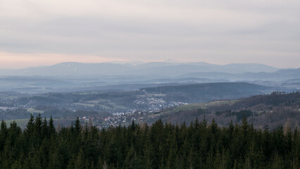 Obraz premium Winter scenery at sunset around the village of Sendraž, Czech Republic