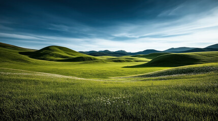 Obraz premium Scenic landscape with rolling green hills under a clear blue sky, showcasing lush grass and gentle slopes creating a serene and expansive view.