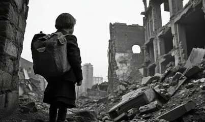 A child with a backpack stands in a war-torn city.