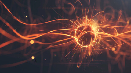 Abstract magnetic field visualization with glowing lines and arrows representing the flow of magnetic force around a central object in a dark, empty space. 