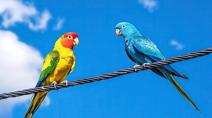 Two colorful rival birds perched on a telephone wire against a bright blue sky, with yellow and blue parakeets positioned on the power line, leaving ample space for visuals.