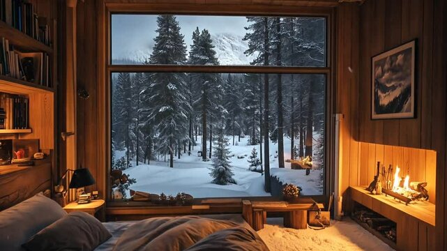 Cozy bedroom interior with large window view of snowy forest scenery. Winter concept