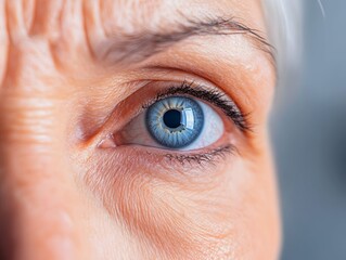 Fototapeta premium A close-up of an elderly person's blue eye, showcasing fine lines and a thoughtful expression against a softly blurred background.