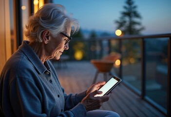 Senior Technology Adoption During Evening Relaxation on Balcony