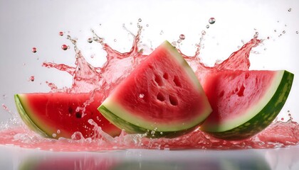 Fresh watermelon a few slices and a splash of Fresh watermelon juice form a dynamic image against a white backgroun