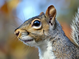 Obraz premium Squirrel in profile captured during a sunny autumn afternoon in a vibrant woodland setting