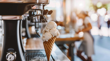 Creamy vanilla ice cream being dispensed into a cone from an ice cream machine, soft focus on the main subject, clean and simple composition with ample copy space. 