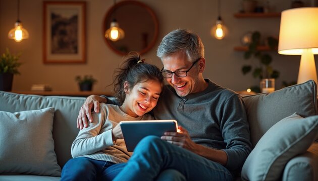 Intergenerational Digital Connection: Father and Daughter Evening Entertainment