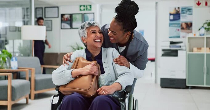 Old woman, wheelchair and nurse for hug in hospital, care and thank you for help in rehabilitation. People, support and embrace patient for treatment success, trust and nursing person with disability