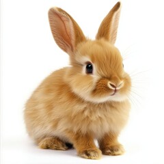 Fototapeta premium Fluffy golden rabbit sitting calmly on a bright white background in a cozy atmosphere