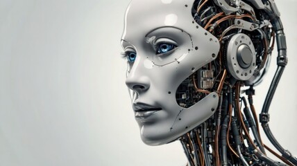 A humanoid robot with intricate circuitry stands in a futuristic environment, showcasing advanced technology and design