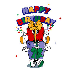 Happy birthday greetings, card with funny cartoon box characters, holiday emotions, groovy gift boxes with bows