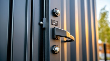 Obraz premium Closeup of a shipping container door highlighting bolts and handle mechanism