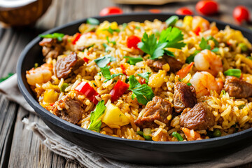 Fototapeta premium Delicious fried rice dish with shrimp and pork, garnished with fresh parsley