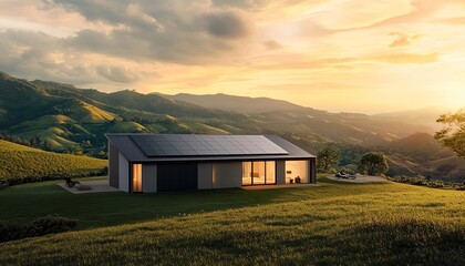 Modern house with solar panels overlooking a scenic hillside at sunset, showcasing sustainable living and peaceful surroundings.
