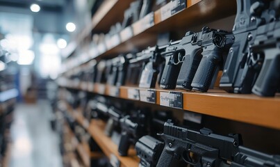 Naklejka premium Black handguns on wooden shelves in a store.