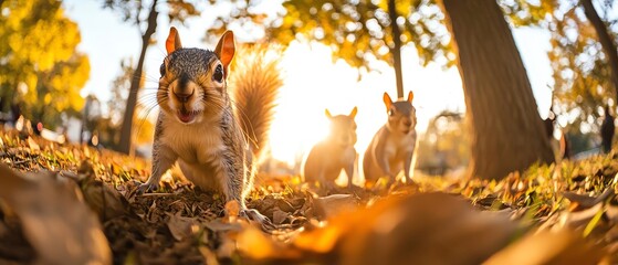 Three playful squirrels foraging on the ground among fallen leaves during a sunny autumn day, surrounded by blurred trees, showcasing their lively and curious nature.