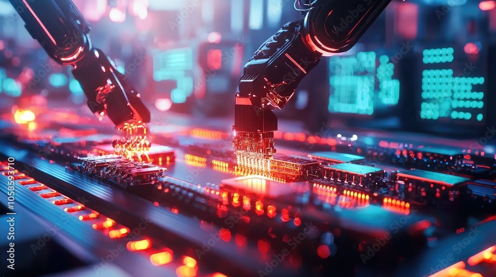 Poster Robotic arms revolutionizing electronics assembly in modern factories