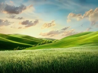 Obraz premium Vast green hills under a colorful sky at sunset, showcasing nature's serene beauty