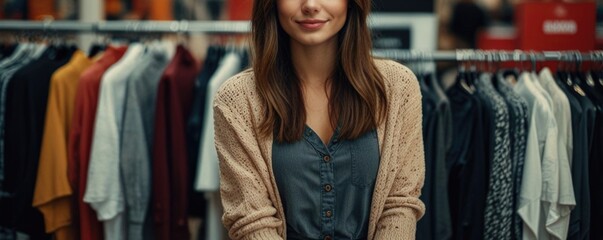A young woman in a black jacket stands confidently in a busy urban shopping mall during evening hours