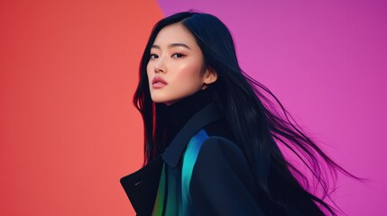 Naklejka premium A stylish individual poses against a vibrant, colorful backdrop.