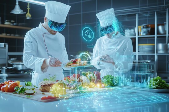 Two chefs wearing virtual reality headsets prepare food in a modern kitchen, utilizing augmented reality technology