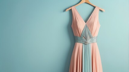 Fototapeta premium Close-Up of a Pastel-Colored Dress on a Hanger Against a Light Background